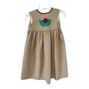VTG Girls Smock Dress Jumper Beige Floral Applique Tie Back For Layering 80s 90s